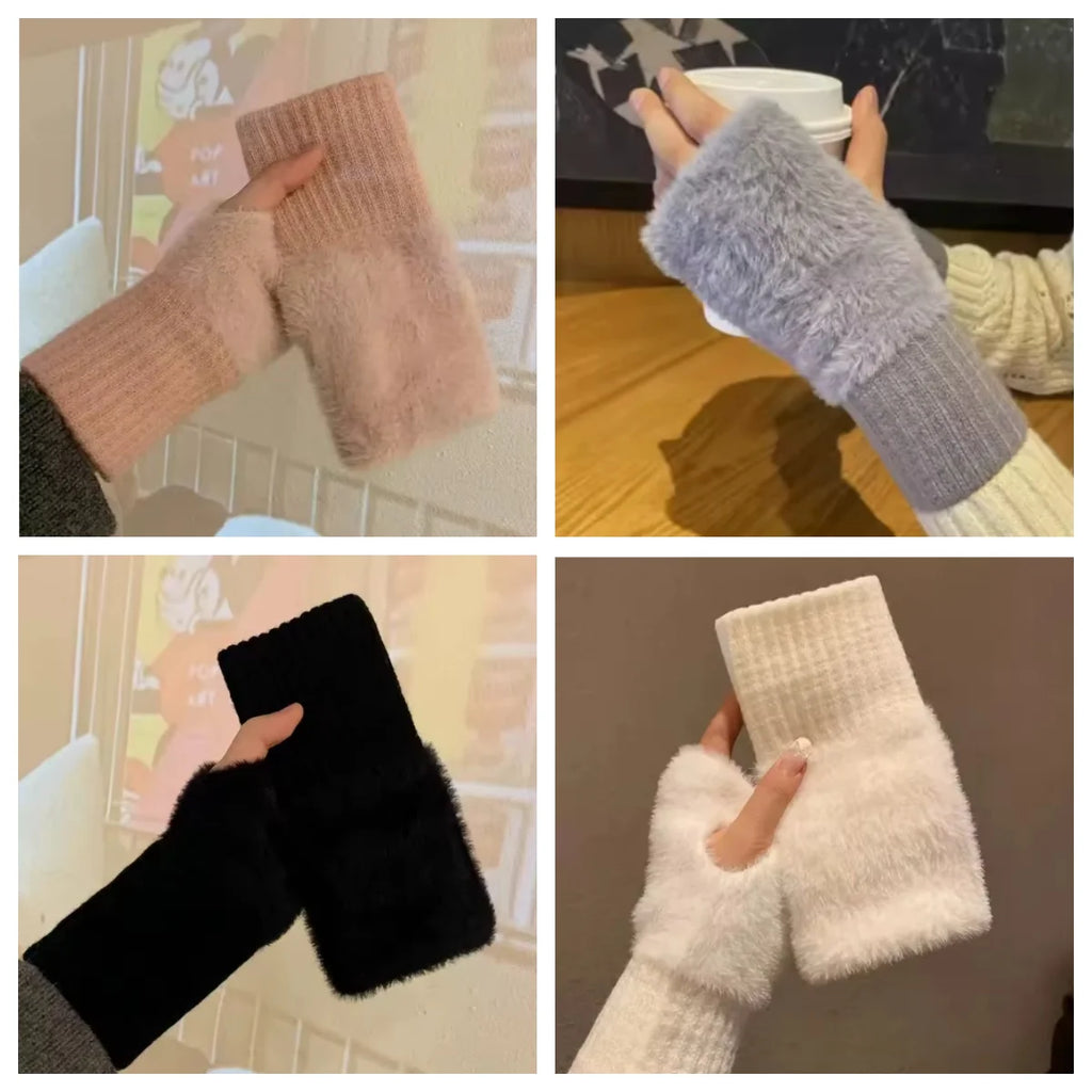 2025 New Mink Fleece Half Finger Gloves for Women's Soft Winter Warmth Luxury Solid Color Plush Knitted Fingerless Gloves
