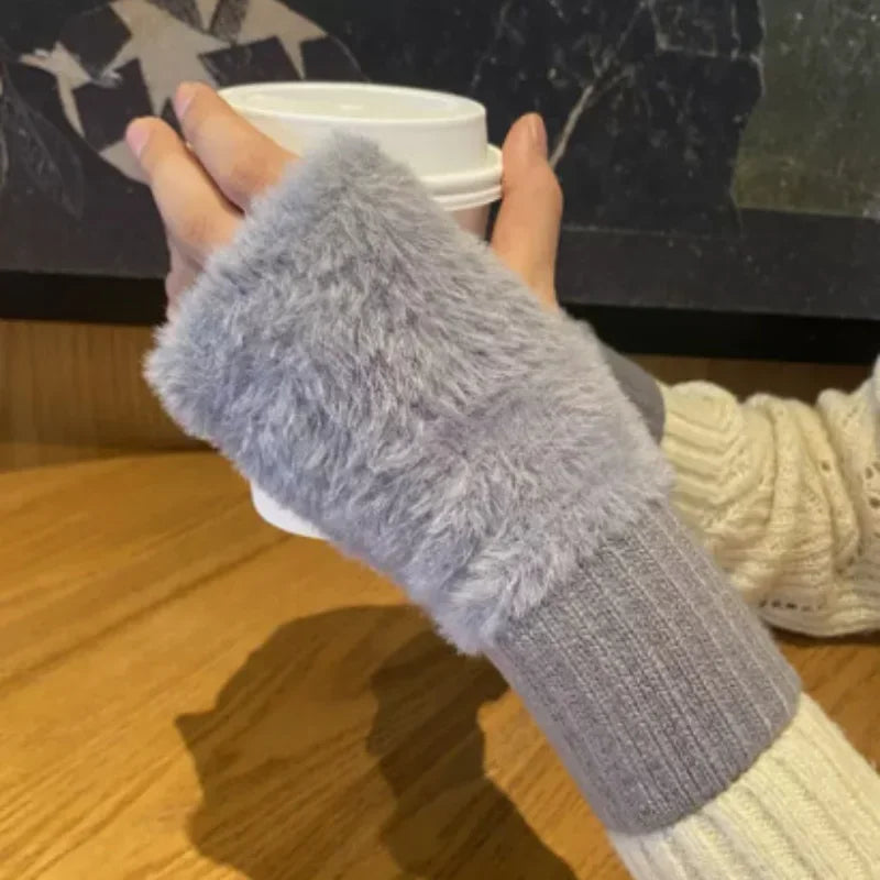 2025 New Mink Fleece Half Finger Gloves for Women's Soft Winter Warmth Luxury Solid Color Plush Knitted Fingerless Gloves