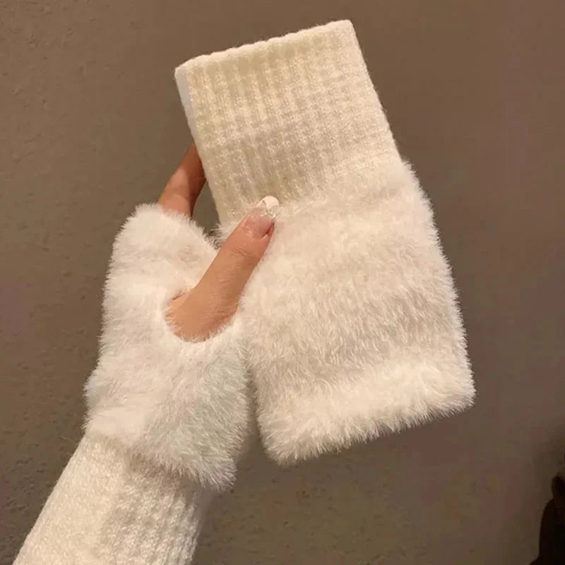 2025 New Mink Fleece Half Finger Gloves for Women's Soft Winter Warmth Luxury Solid Color Plush Knitted Fingerless Gloves