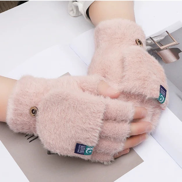2025 New Mink Fleece Half Finger Gloves for Women's Soft Winter Warmth Luxury Solid Color Plush Knitted Fingerless Gloves