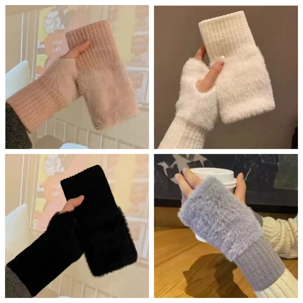 2025 New Mink Fleece Half Finger Gloves for Women's Soft Winter Warmth Luxury Solid Color Plush Knitted Fingerless Gloves