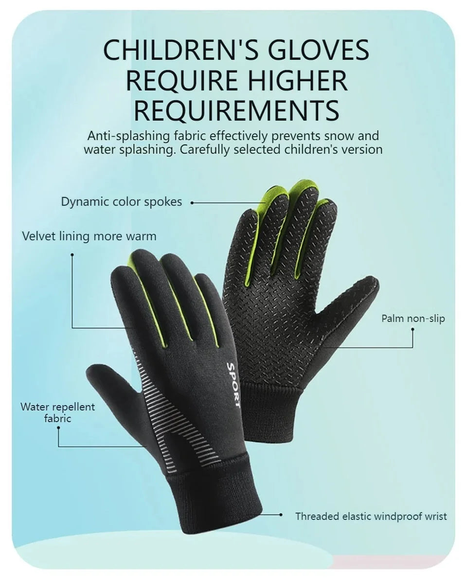 Children's Velvet Warm Gloves Outdoor Skiing Sports Non Slip Full Finger Gloves Inner Velvet Skin Friendly Elastic Wrist Gloves
