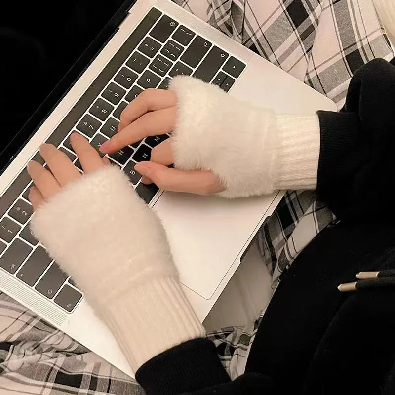 2025 New Mink Fleece Half Finger Gloves for Women's Soft Winter Warmth Luxury Solid Color Plush Knitted Fingerless Gloves