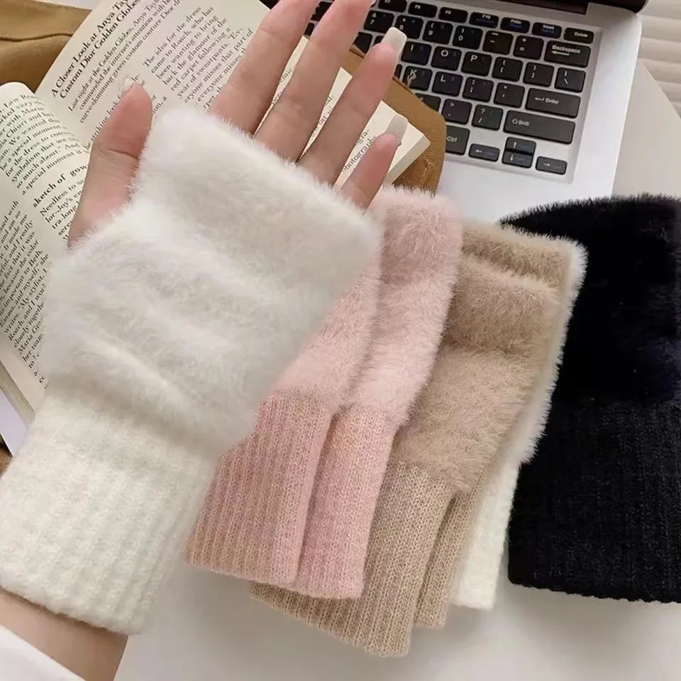 2025 New Mink Fleece Half Finger Gloves for Women's Soft Winter Warmth Luxury Solid Color Plush Knitted Fingerless Gloves