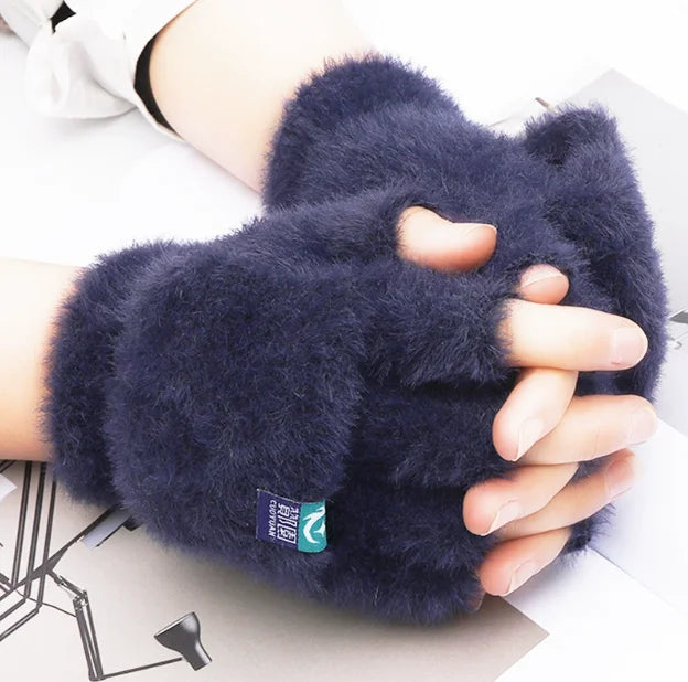 2025 New Mink Fleece Half Finger Gloves for Women's Soft Winter Warmth Luxury Solid Color Plush Knitted Fingerless Gloves