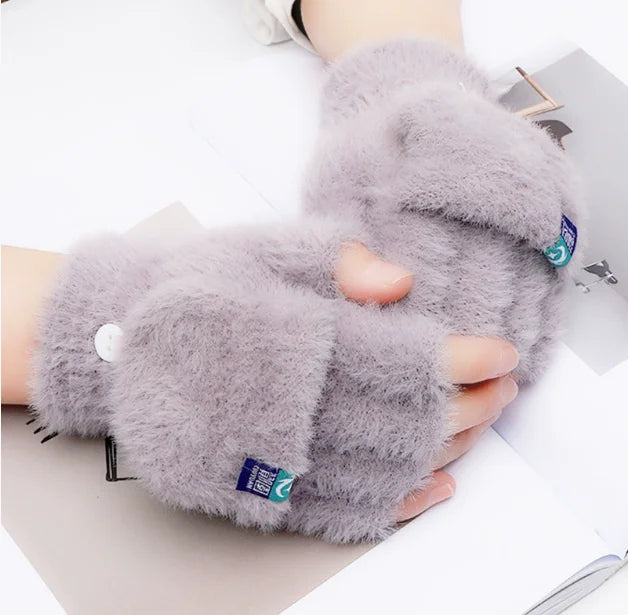 2025 New Mink Fleece Half Finger Gloves for Women's Soft Winter Warmth Luxury Solid Color Plush Knitted Fingerless Gloves