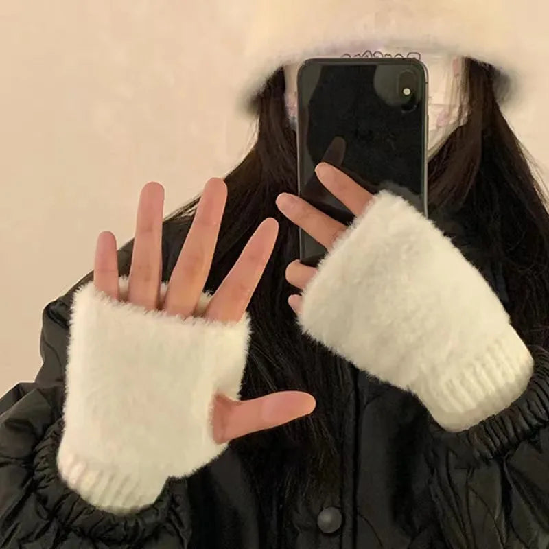 2025 New Mink Fleece Half Finger Gloves for Women's Soft Winter Warmth Luxury Solid Color Plush Knitted Fingerless Gloves