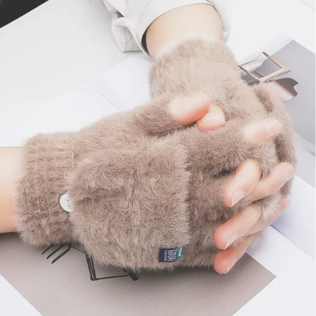 2025 New Mink Fleece Half Finger Gloves for Women's Soft Winter Warmth Luxury Solid Color Plush Knitted Fingerless Gloves