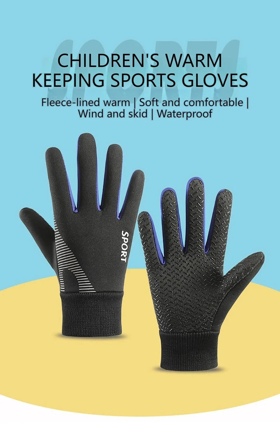 Children's Velvet Warm Gloves Outdoor Skiing Sports Non Slip Full Finger Gloves Inner Velvet Skin Friendly Elastic Wrist Gloves