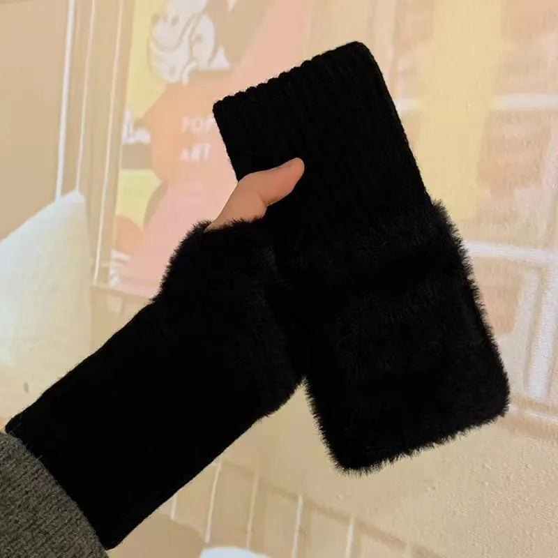 2025 New Mink Fleece Half Finger Gloves for Women's Soft Winter Warmth Luxury Solid Color Plush Knitted Fingerless Gloves
